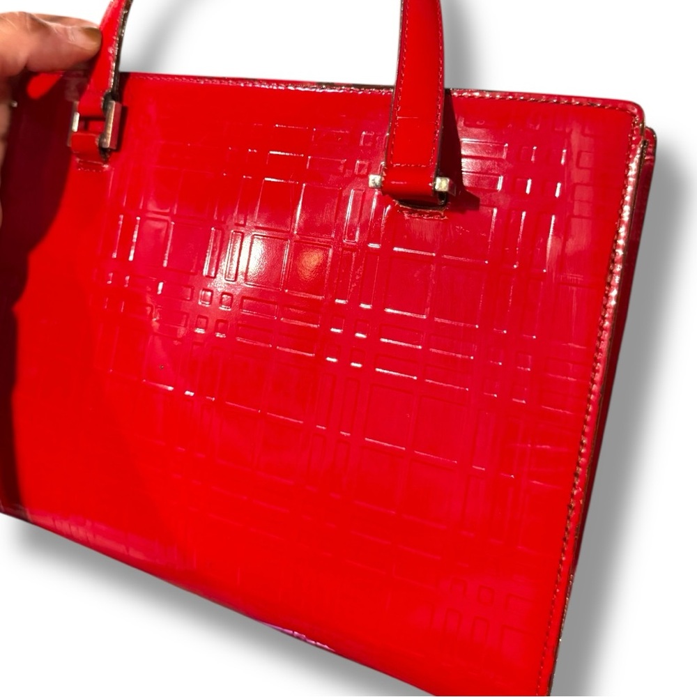Authentic Burberry Red Patent Leather Embossed Check Design  Tote Bag - Picture 6 of 14